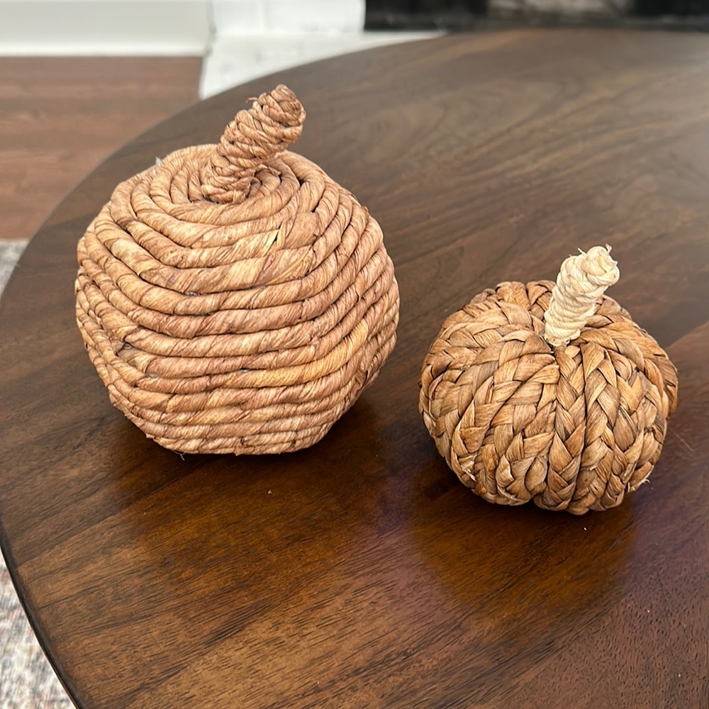 Wicker pumpkins for fall decor.  The large one is about 5” and small is 3 “